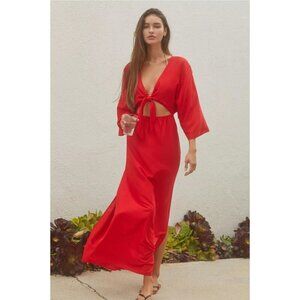 By Anthropologie Tie-Front Cover-Up Dress V Neck Red Long Slit Midi XXS